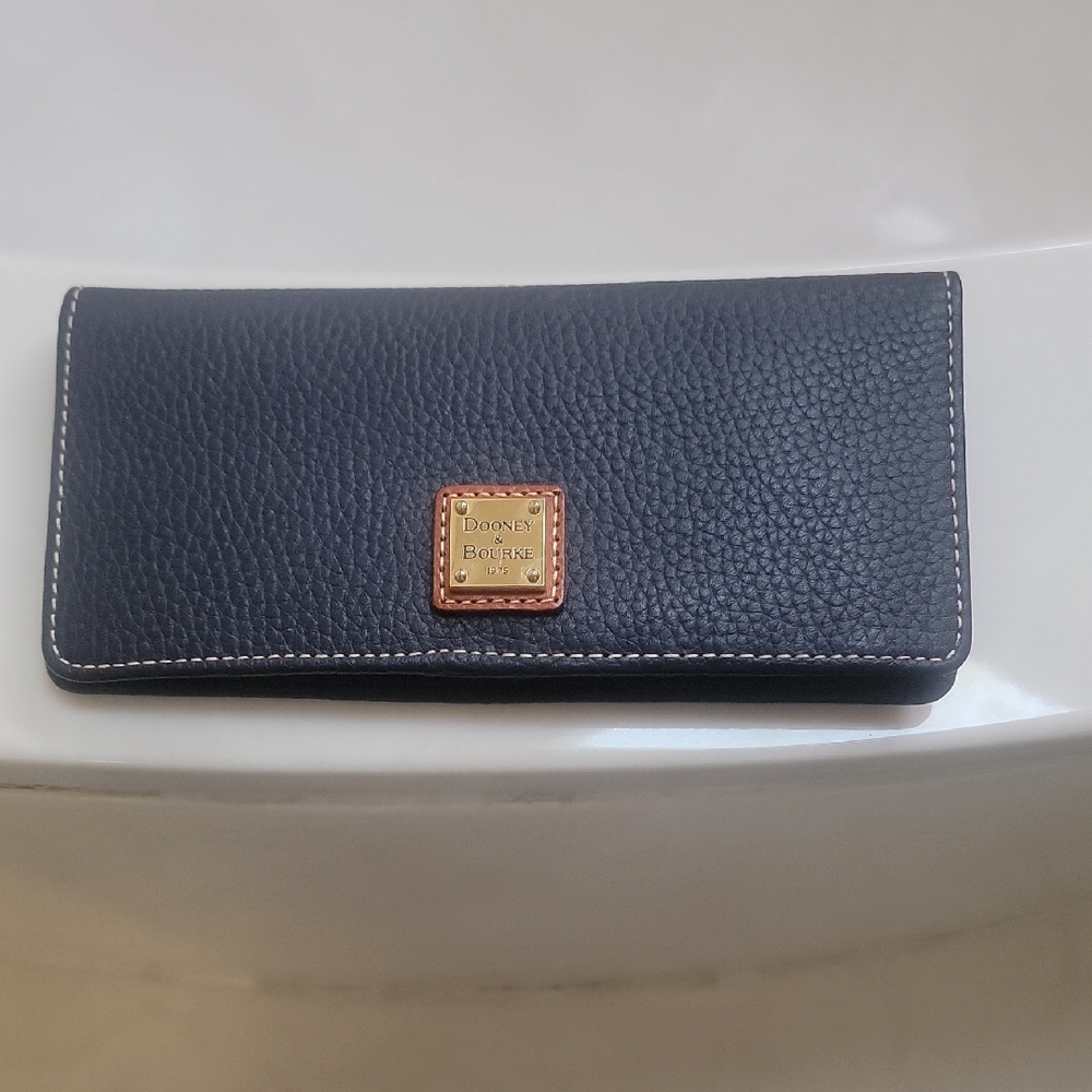 Dooney & Bourke Navy Pebbled Leather Continental Wallet with Gold Plaque